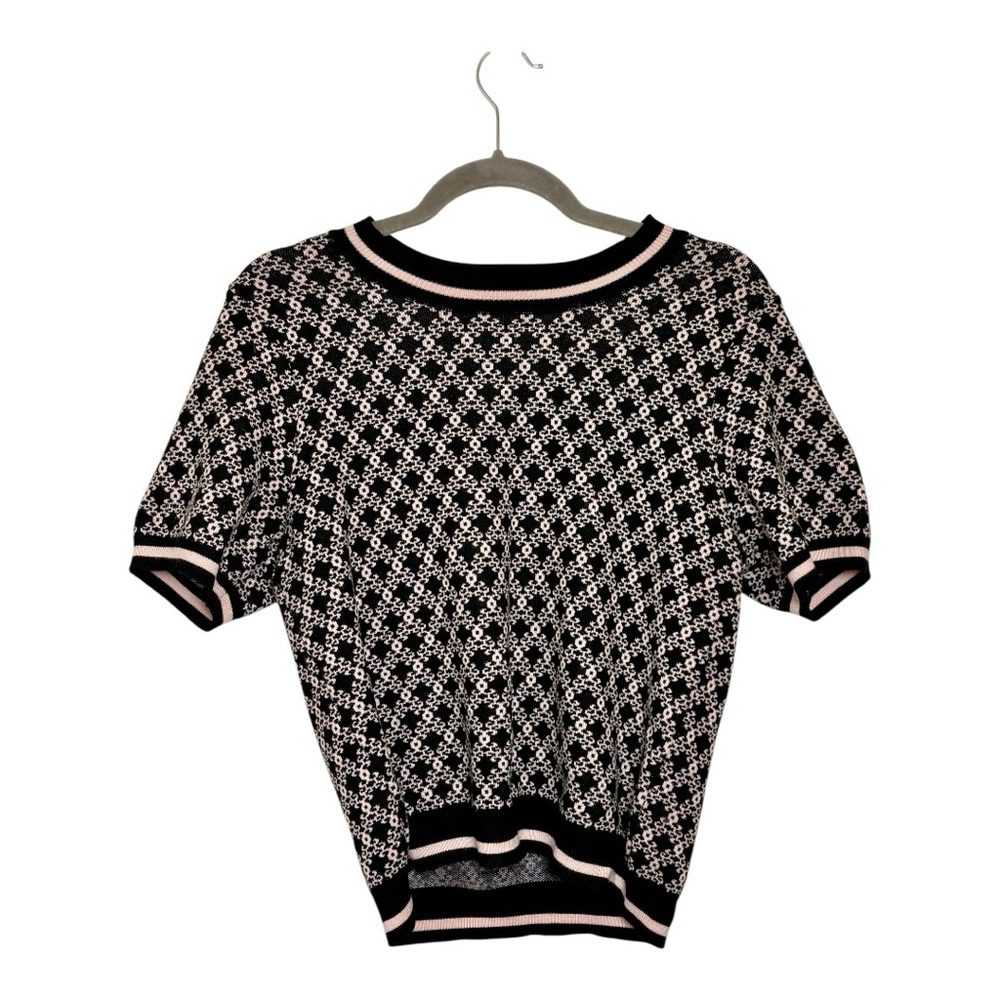 Adrianna Papell Black Pink Geometric Short Sleeve Sweater Parisian Preppy Medium